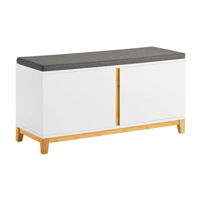 SoBuy FSR117-W Panca Scarpiera Ingresso con Seduta, Cassapanca Contenitore da Interno con 2 Ante, in Legno ingegnerizzato e Bambù 90x34x46 cm, Bianco