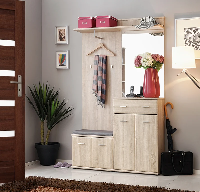 Set per ingresso con credenza specchio appendiabiti e specchio colore quercia natura