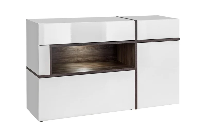 Cinzia - Madia da soggiorno credenza con cassetti e ante con luci a led in legno bianco e wengè