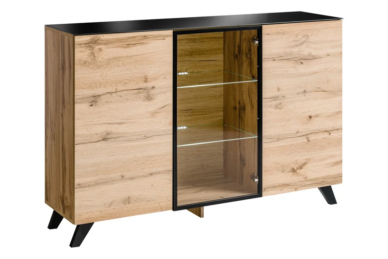 Madia credenza moderna in legno naturale e vetro cm 150x40x100h