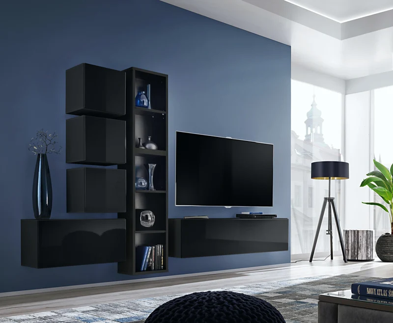 Rachele - Parete da soggiorno moderna con pensili sospesi e libreria - vari colori