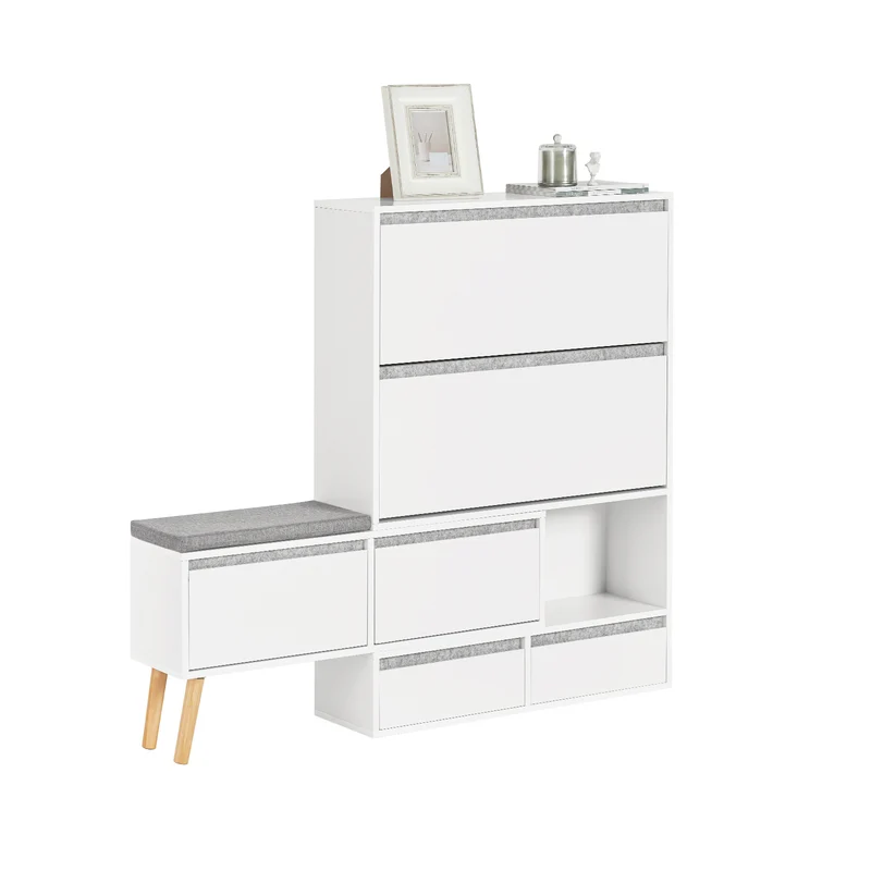 SoBuy FSR134-W Scarpiera con 1 panca portaoggetti rimovibile su piedini, armadio d'ingresso con 2 ante 2 cassetti e cuscino per seduta - (124-92) x 24 x 126 cm