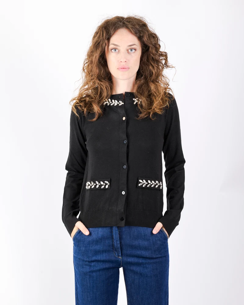 Maglia Chanel leggera strass collo e tasche W3055