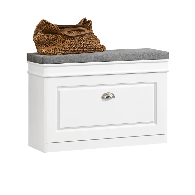 SoBuy FSR82-L-W Scarpiera Salvaspazio Slim con Seduta - Panca Scarpiera da Ingresso Contenitore in Legno, Mobile Ingresso per Scarpe, Regolabile, 75x24x51 cm, Bianco