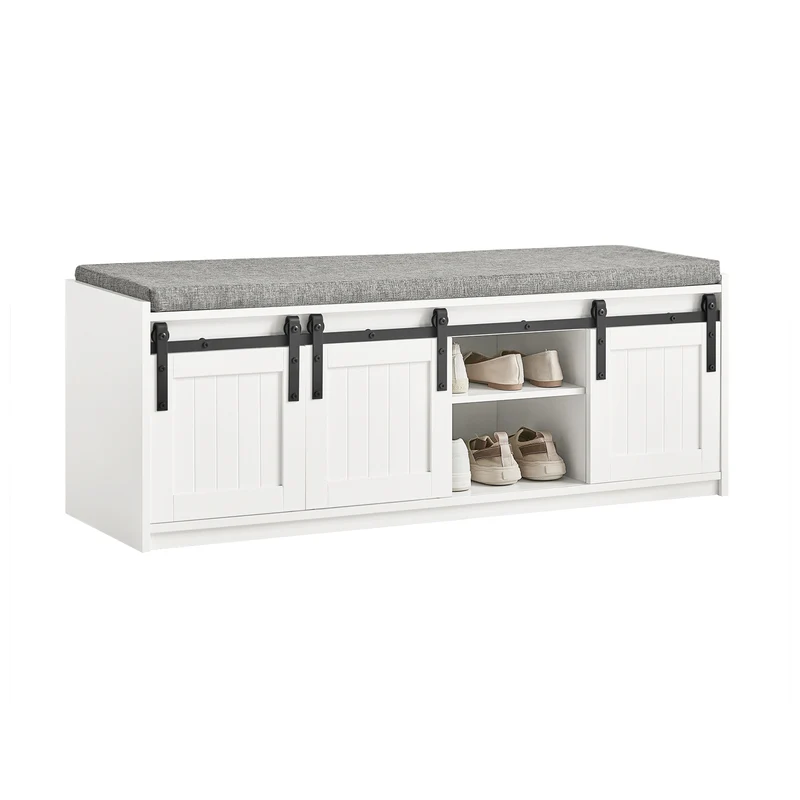 SoBuy FSR133-W Panca Scarpiera Ingresso con Seduta e Vano Contenitore con Ante Scorrevoli - 120x35x45cm - Capacità di Carico Fino a 200kg, Design Salvaspazio per Ingresso e Camera da Letto, MDF E1