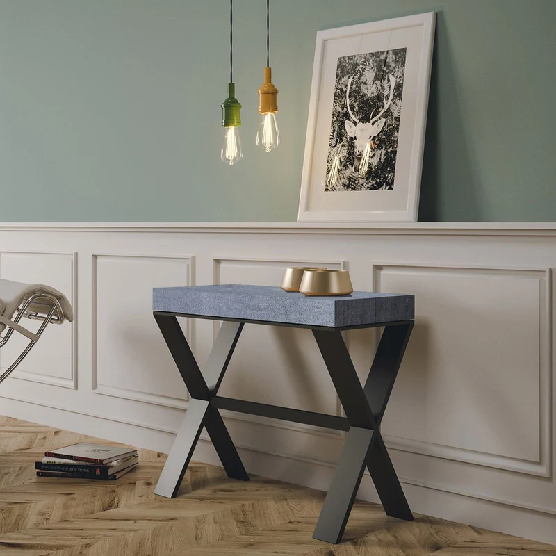 Xenia - Consolle moderna allungabile gambe in metallo piano colore cemento cm 90x40/300x77h