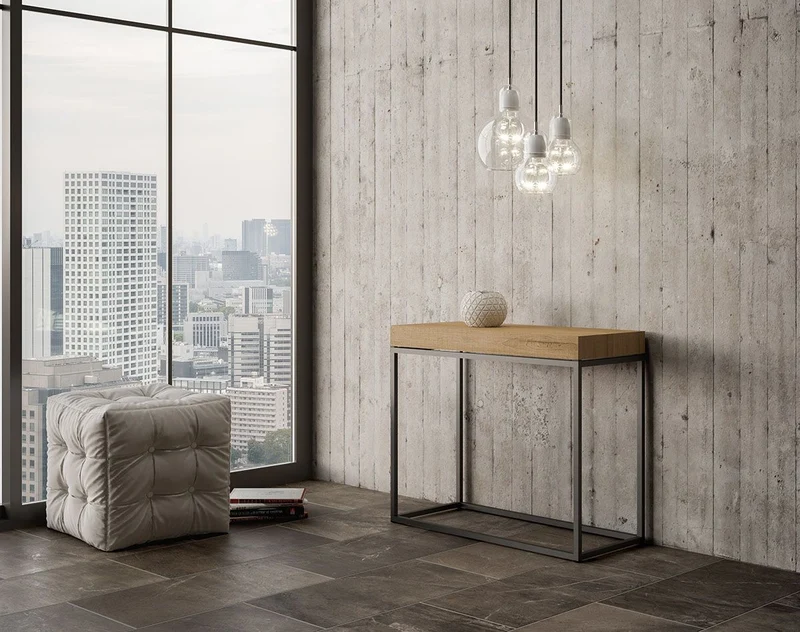 Nordica - Tavolo consolle allungabile moderna in metallo e piano quercia natura cm 90/300x40x77h
