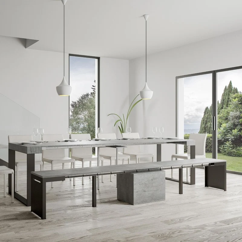 Walk - Panca allungabile moderna industrial in ferro e legno cm 55/305X40X47h - Cemento