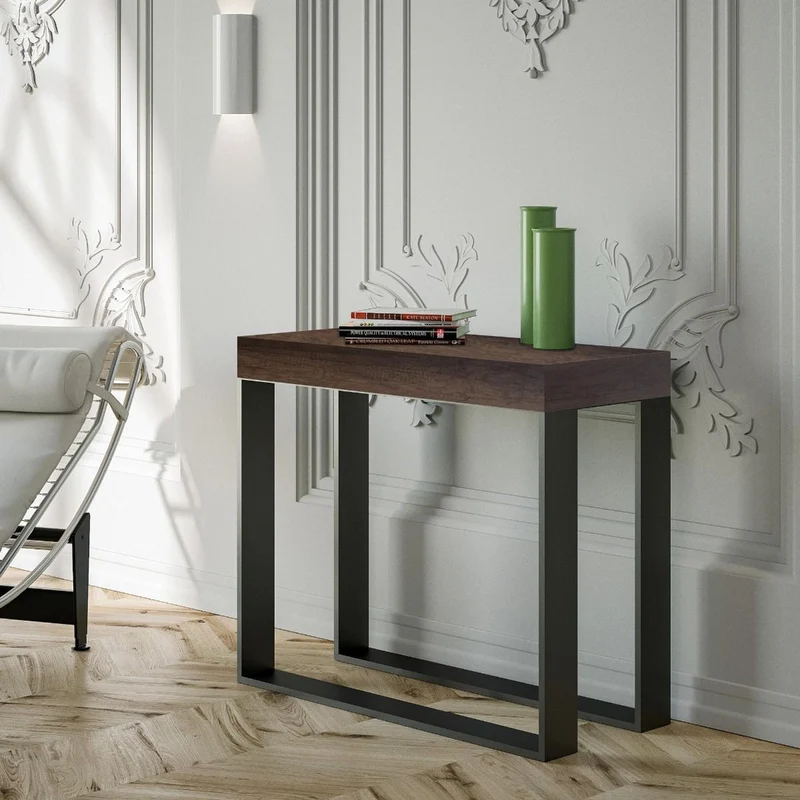 Elettra - Tavolo consolle allungabile gambe in ferro piano noce cm 90/300x40x77h