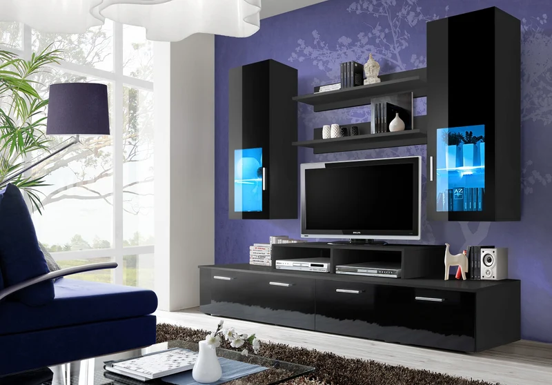 Scott - Parete da soggiorno moderna con mobile tv e vetrinette con luci a led - vari colori
