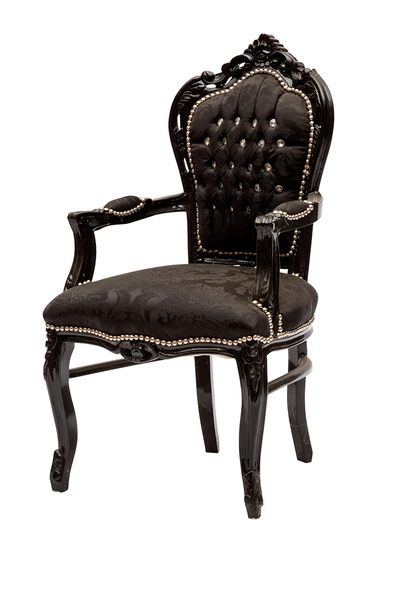 Poltrona barocco in tessuto damascato nero e struttura nera con gemme cm 63x65x94h