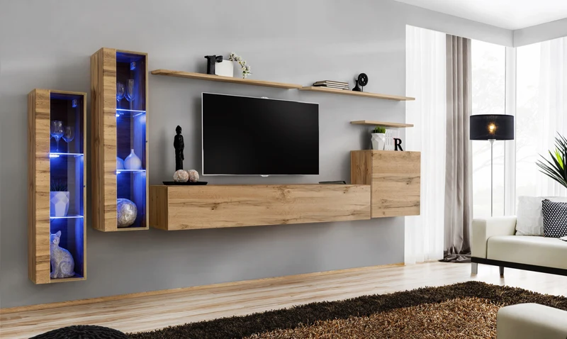 Imelda - Parete moderna componibile con luci a led quercia natura