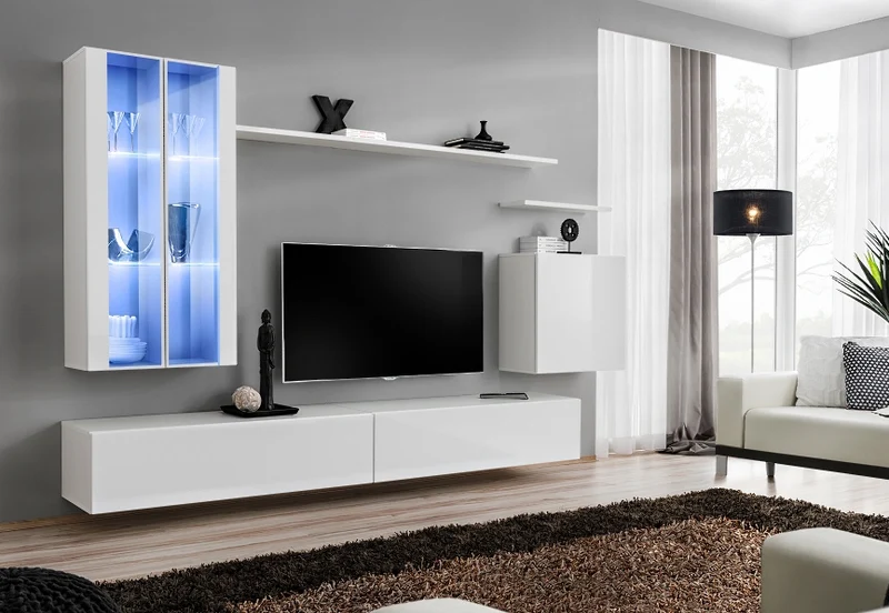 Ninfea - Parete design componibile con pensili e vetrine - vari colori