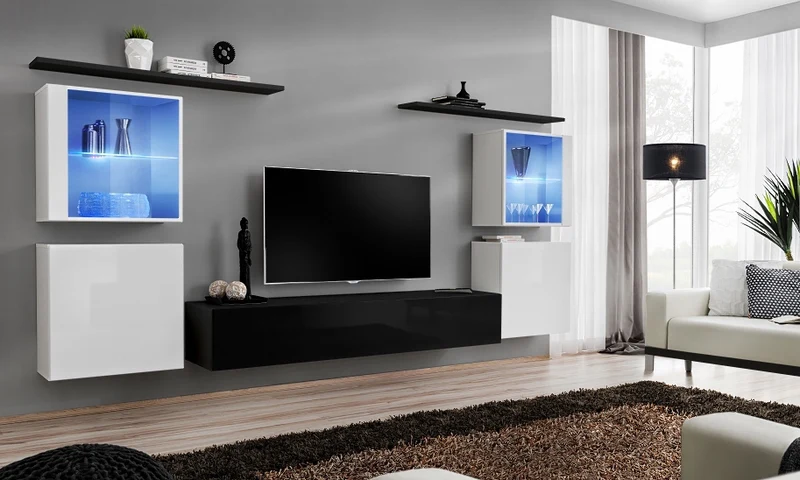 Domezia - Parete design da soggiorno componibile con luci a led blu - vari colori