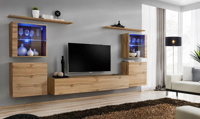 Sisto - Parete salotto moderna quercia natura illuminazione a led