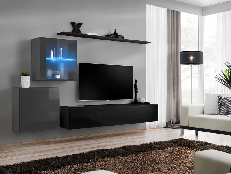 Malcom - Parete moderna componibile con vetrina e luci a led - vari colori