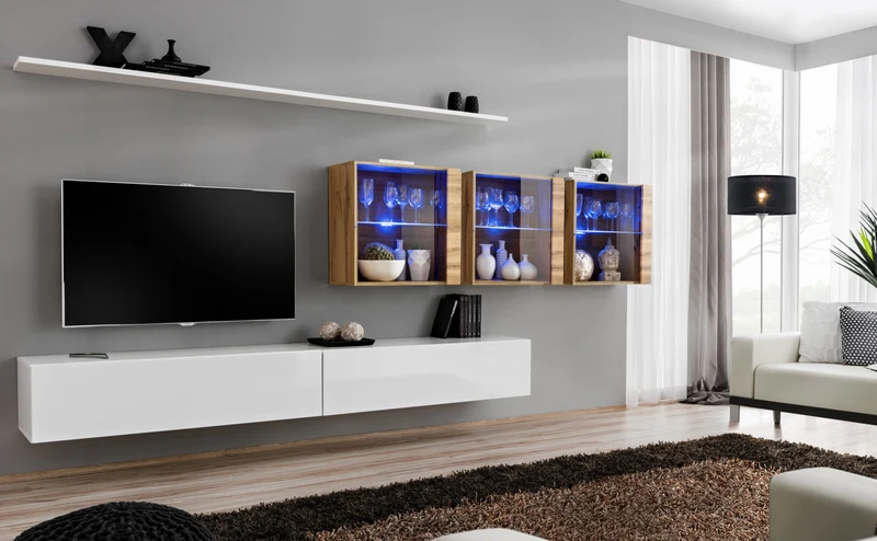 Elmett - Soggiorno a parete design moderno quercia natura con vetrine - vari colori