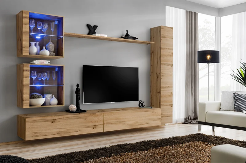 Fazio - Parete da salotto design moderno pensili sospesi e vetrine