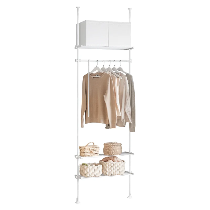 SoBuy KLS07-W Telescopic Appendiabiti da Terra, Robusto Stand Appendiabiti con Aste e Ripiani, Armadio Aperto Regolabile per Camera da Letto, Porta Abiti Bianco