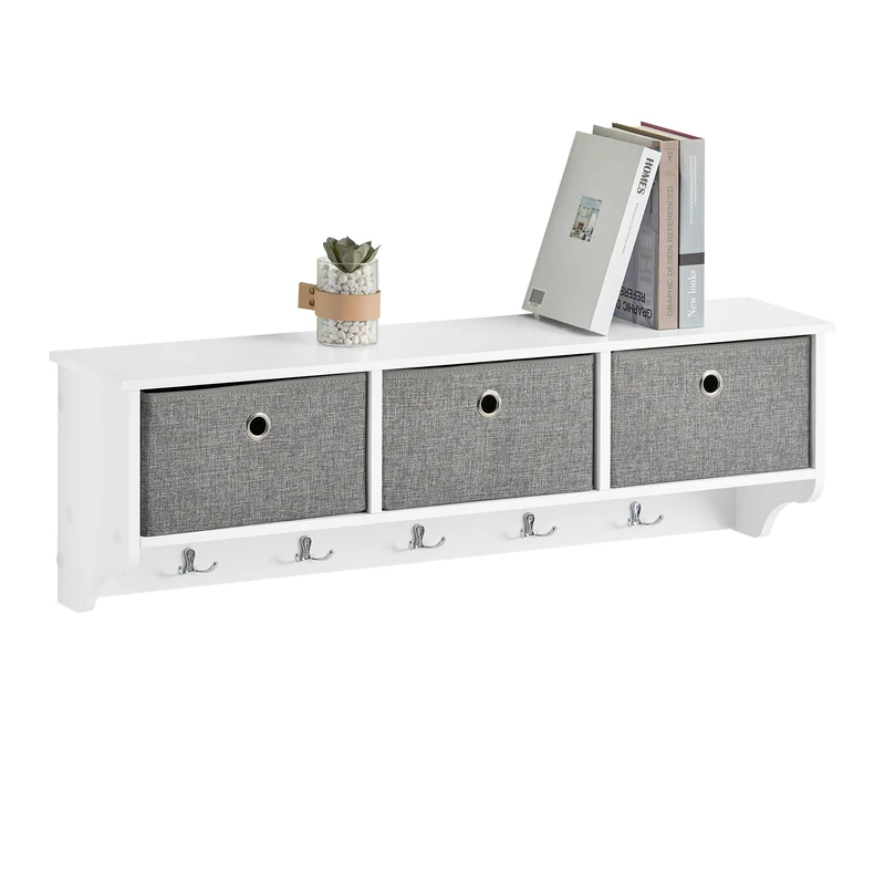 SoBuy FRG282-W Portachiavi da Muro Ingresso Appendini da Muro con 5 Ganci Appendiabiti e 3 Cestini in Tessuto Pieghevole, Mobile Ingresso Appendiabiti Bianco, Capacità di Carico 15kg, 100x20x31cm
