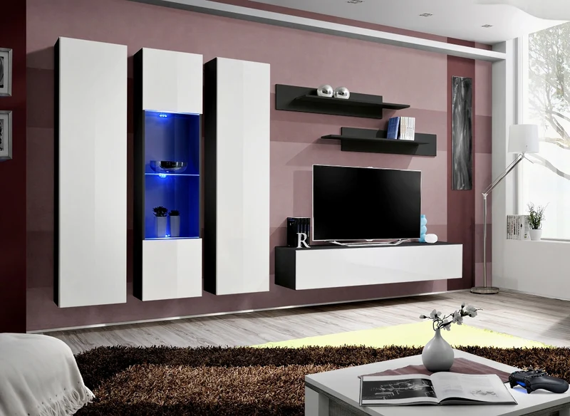 Clio - Parete attrezzata con pensili sospesi e vetrina con luci a led - vari colori