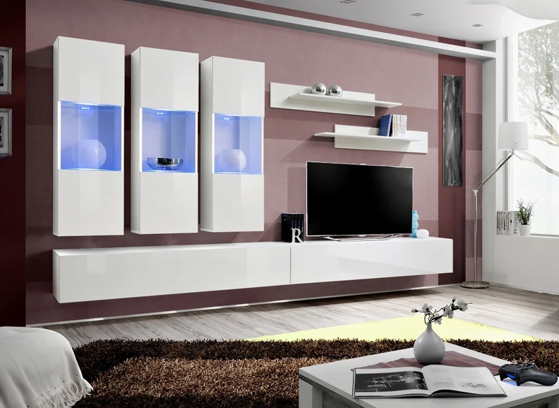 Faber - Parete da soggiorno moderna con vetrine e luci a led - vari colori