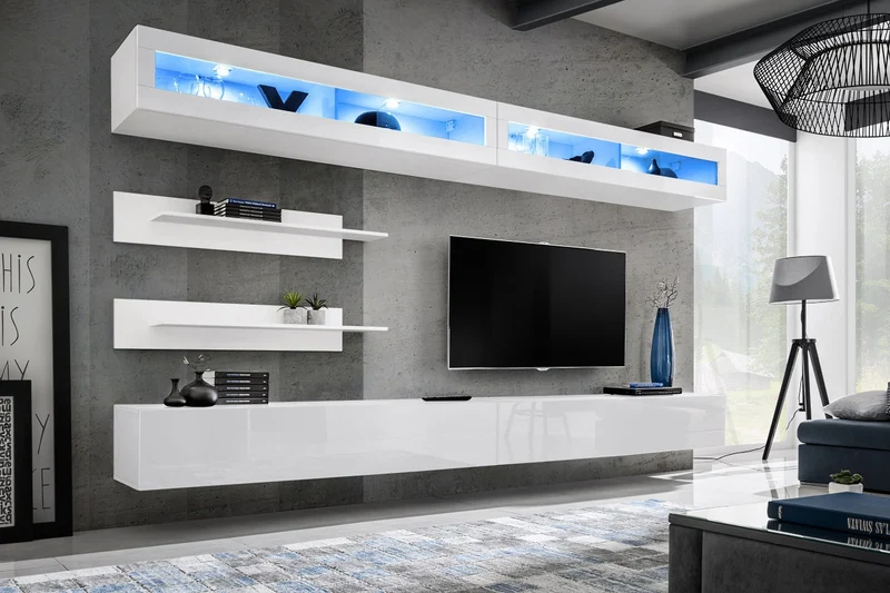 Gregory - Parete attrezzata design contemporaneo con vetrina e luci a led blu - vari colori