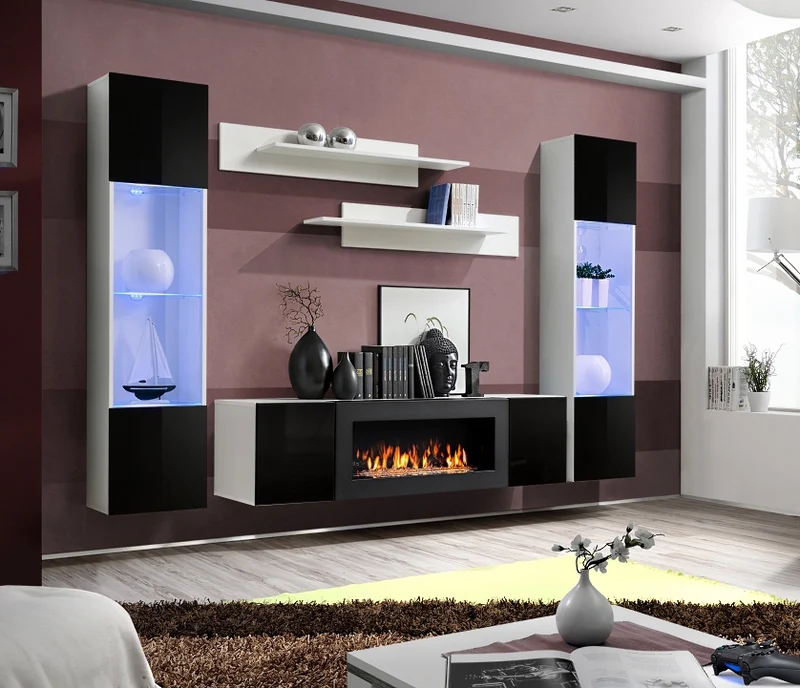 Lizia - Parete attrezzata credenza con biocamino e vetrinette - vari colori
