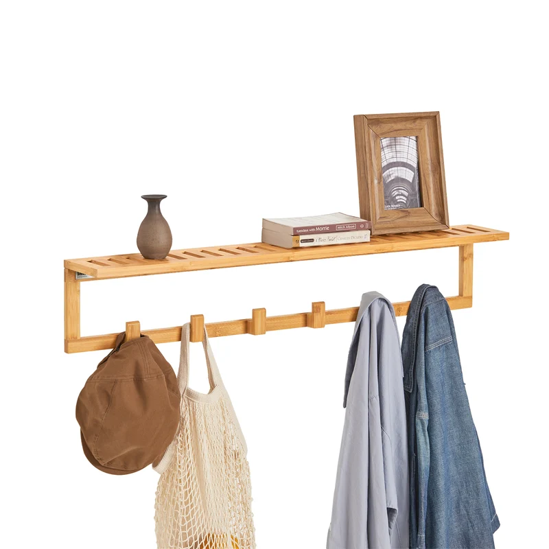 SoBuy FHK06-N Appendiabiti per Ingresso in Bambù - Attaccapanni da Parete Moderno 90cm, Mobili da Ingresso Naturali 90x13x17 cm