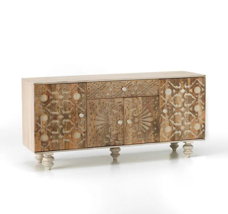 Madia stile etnico in legno massello di mango con ante e cassetto cm 160x45x85h