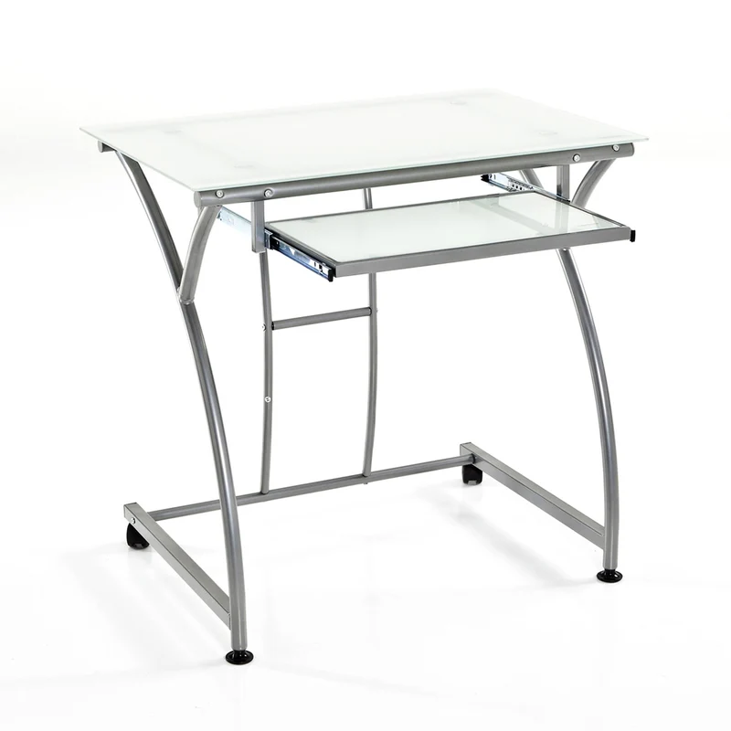 Porta pc computer desk in metallo satinato con piano in vetro cm 77x52x74h