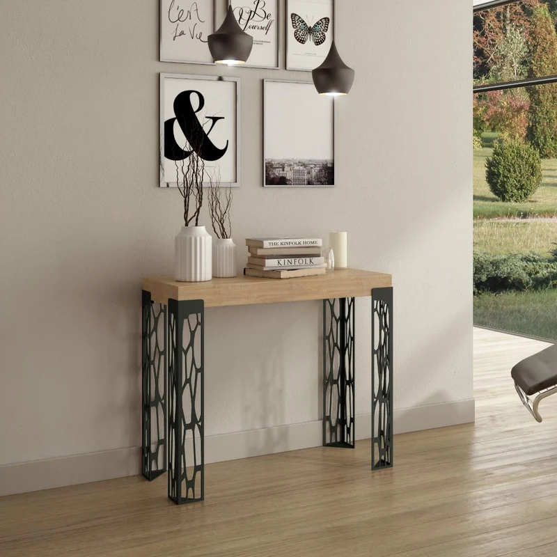 Ghibli Small - Consolle moderna allungabile metallo traforato e legno quercia natura cm 90x40/196x77h
