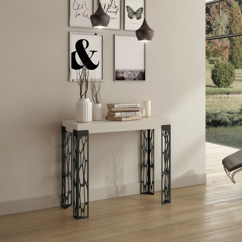 Ghibli Small - Consolle allungabile in metallo lavorato e legno bianco frassino cm 90x40/196x77h