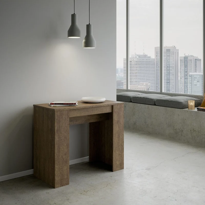 Basic - Tavolo consolle allungabile moderna in legno finitura noce cm 90x48/298x77h