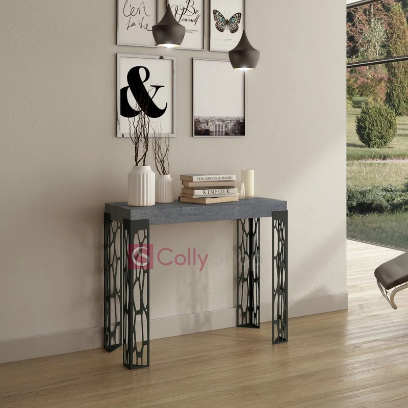 Ghibli - Tavolo consolle allungabile gambe in metallo piano in legno cemento cm 90x40/300x77h