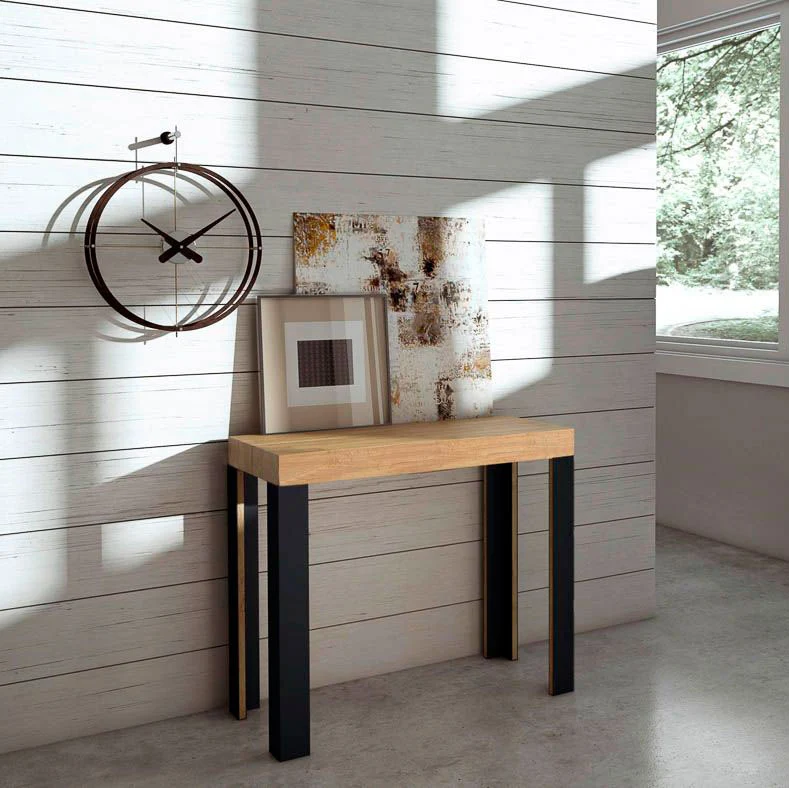 Linea Small - Consolle moderna allungabile gambe in metallo piano quercia cm 90x40/196x77h
