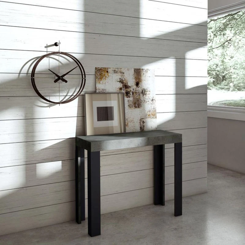 Linea - Consolle moderna allungabile in metallo e legno finitura cemento cm 90x40/300x77h