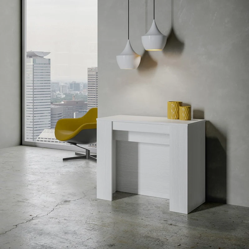 Venus - Consolle moderna allungabile con porta allunghe bianco frassino cm 90x48/296x77h