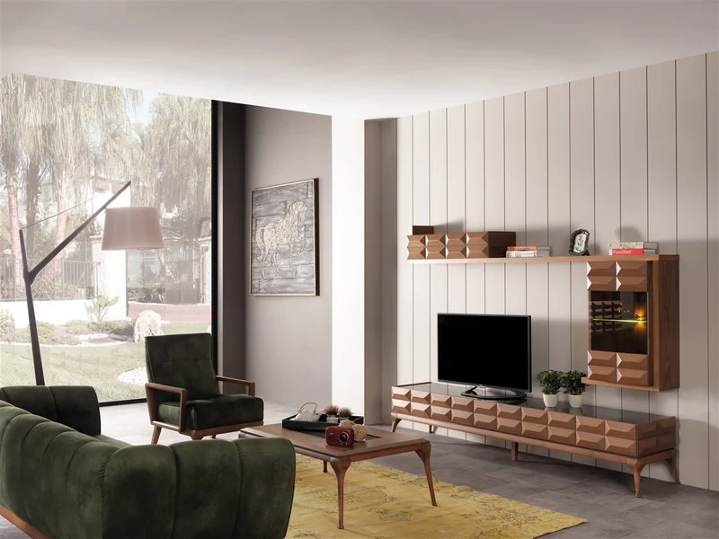 Unità TV Diana in Legno Massiccio e MDF, Vetro Fumè, Modulo Inferiore e Superiore, Tavolino Separato