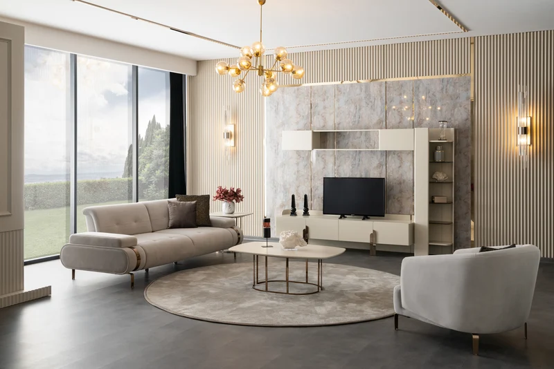 Mobile TV Beyoncé In Legno Laccato E Bronzo, Con Moduli Inferiore, Superiore, Libreria E Tavolino