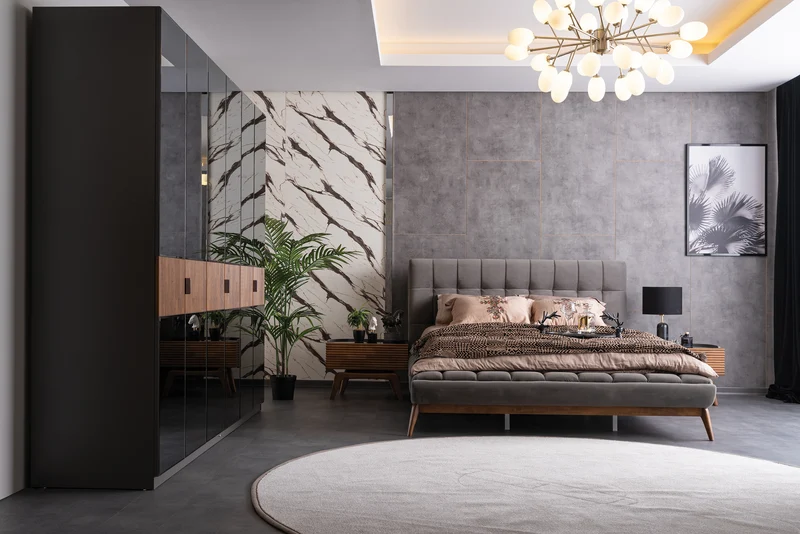 Set Camera Da Letto Quatro: Armadio 5 Ante, Comodino, Comò e Letto Con Rivestimento In Pelle