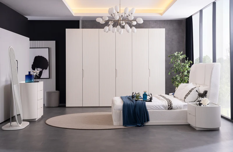 Camera Da Letto Moderna Completa 160 Cm Con Comodini, Armadi E Comò Elegante Design Funzionale