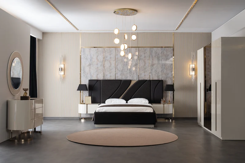 Set Camera Da Letto Aura: Armadio 5 Ante, Comò, Comodini, Letti 160/180 Cm, Design Elegante e Spazioso