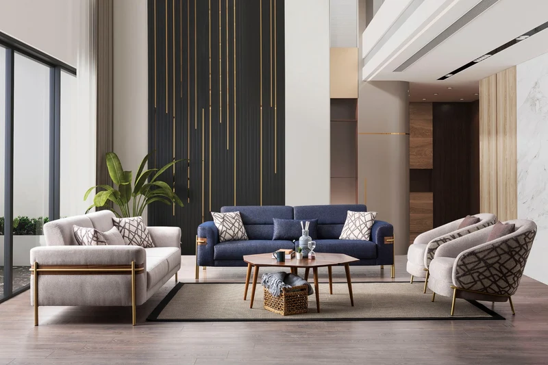 Divano Moderno Siena 3 Posti e Poltroncine Blu - Eleganza e Spazio per il Tuo Salotto
