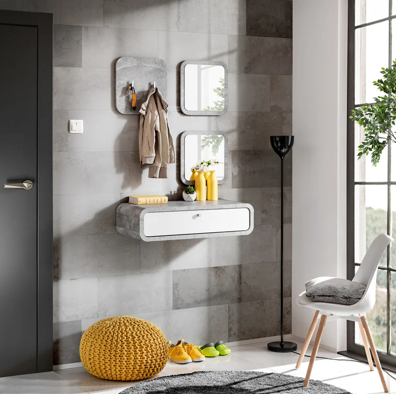 Melezia - Composizione ingresso con specchio pensile e appendiabiti bianco e cemento cm 80x32x110h