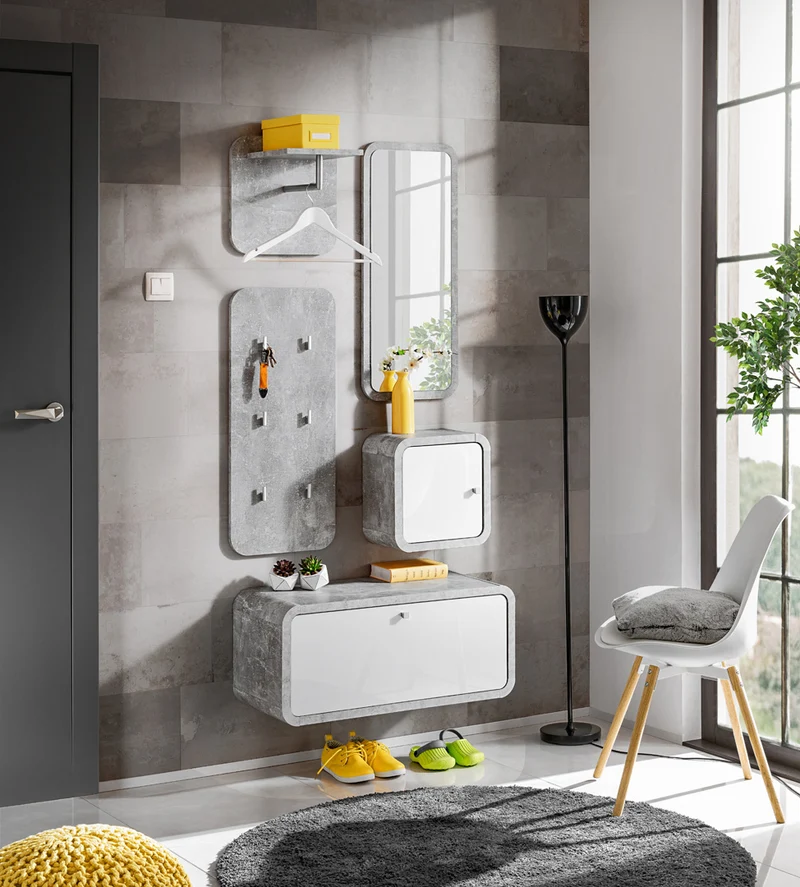 Palmira - Composizione per ingresso pensili sospesi appendiabiti e specchio cm 80x32x110h