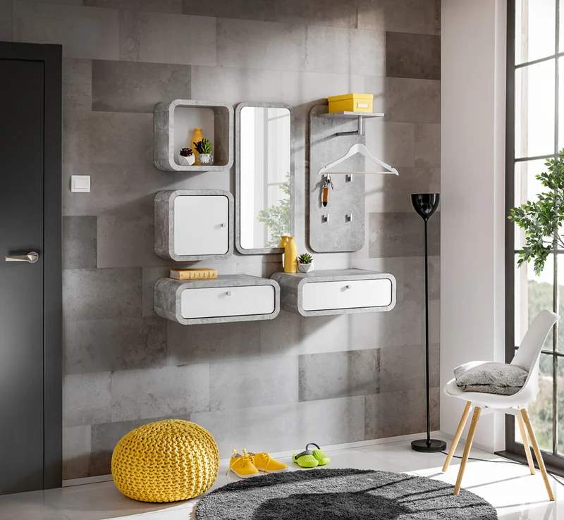 Robby - Composizione ingresso moderno con appendiabiti specchio e pensili cm 110x32x155h