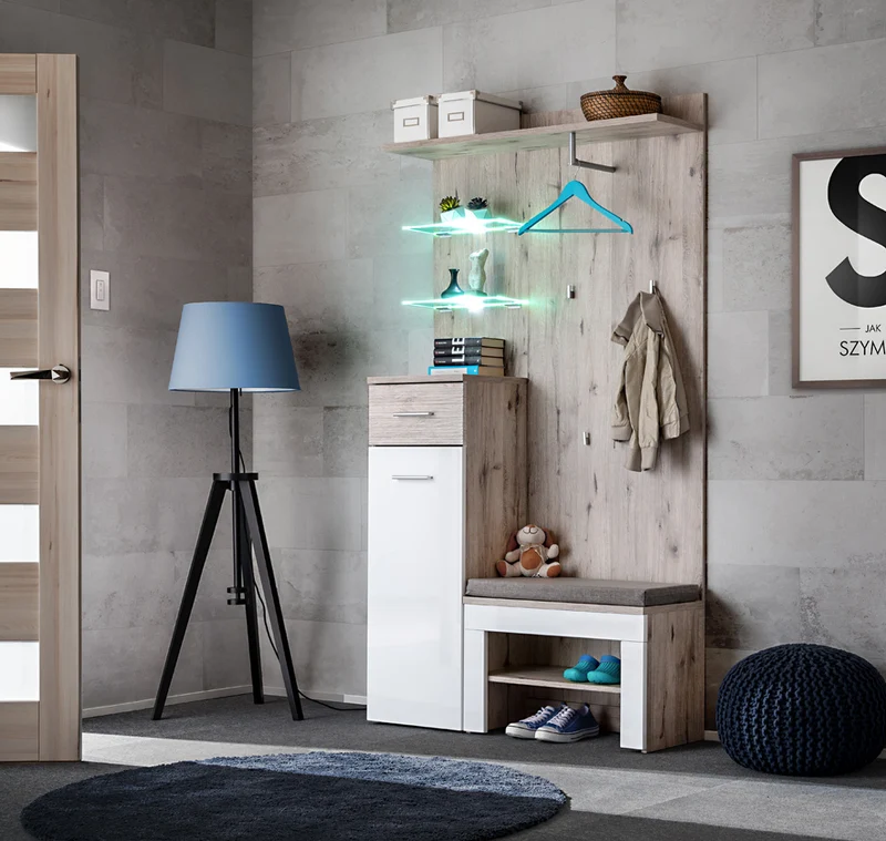 Samir - Composizione da ingresso moderno bianco lucido e rovere natura con luci a led cm 100x35x200h