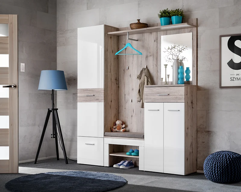 Vadin - Composizione per ingresso mobili moderni in legno rovere natura e bianco cm 170x35x200h