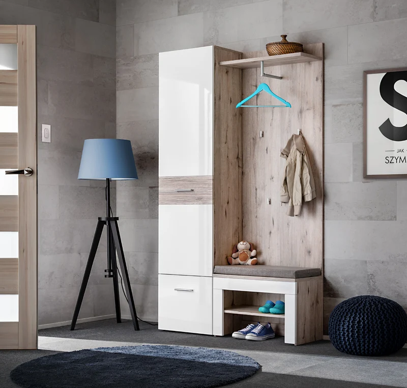Zareb - Composizione ingresso moderno con armadietto appendiabiti e panca cm 110x32x155h